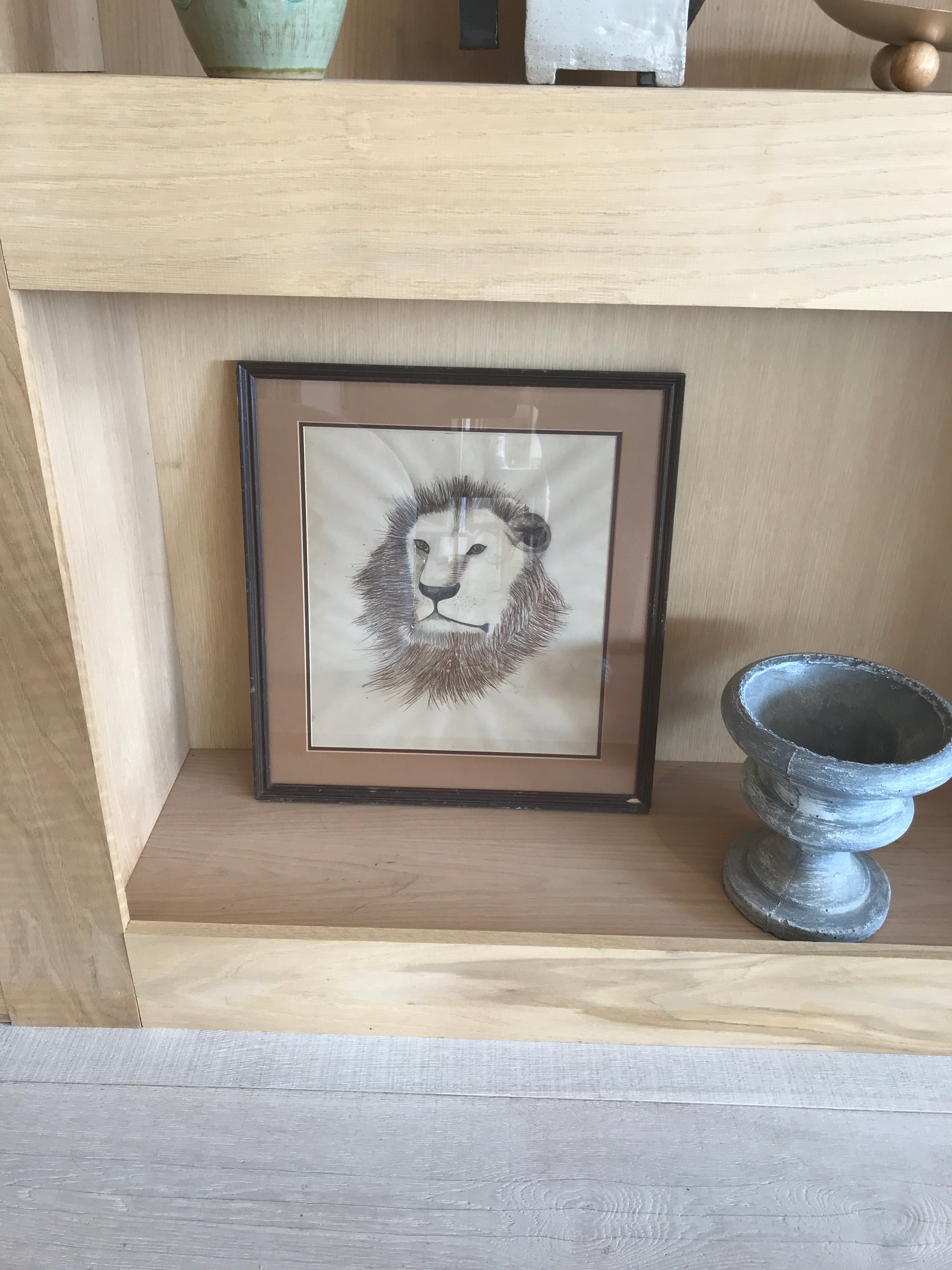 Framed Lion Portrait Drawing