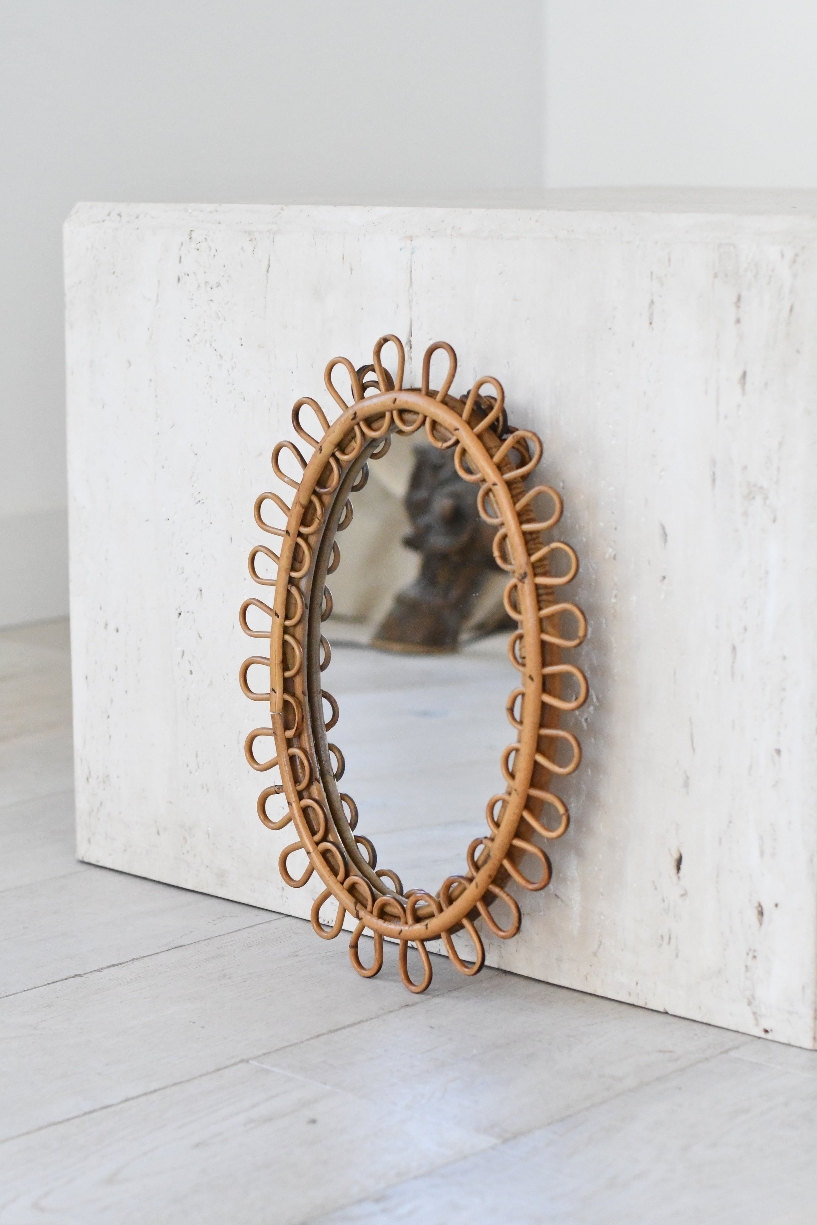 French Riviera Oval Curved Rattan Mirror with Chain, Italy 1960s