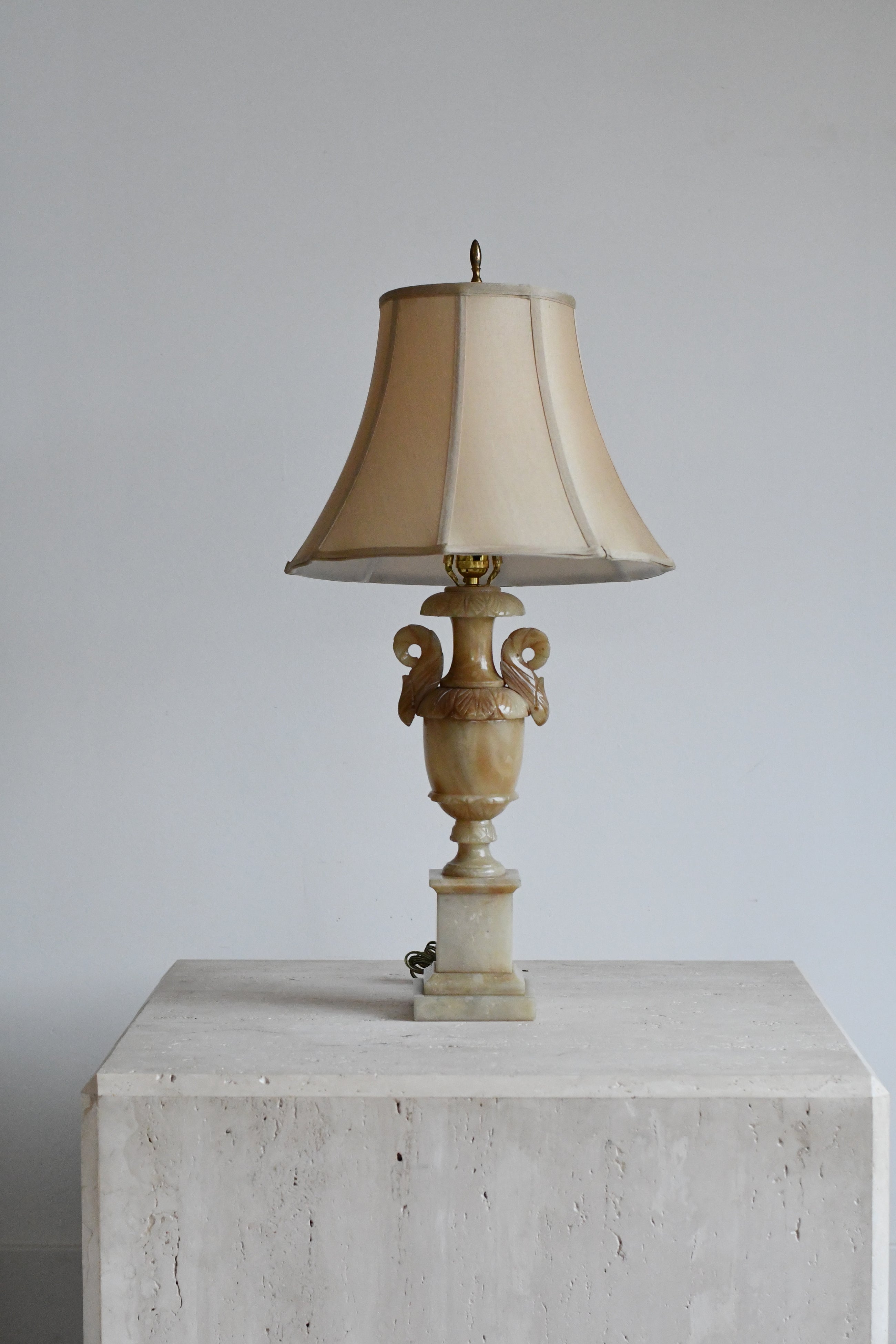Carved Onyx Table Lamp with Fabric Bell Shade
