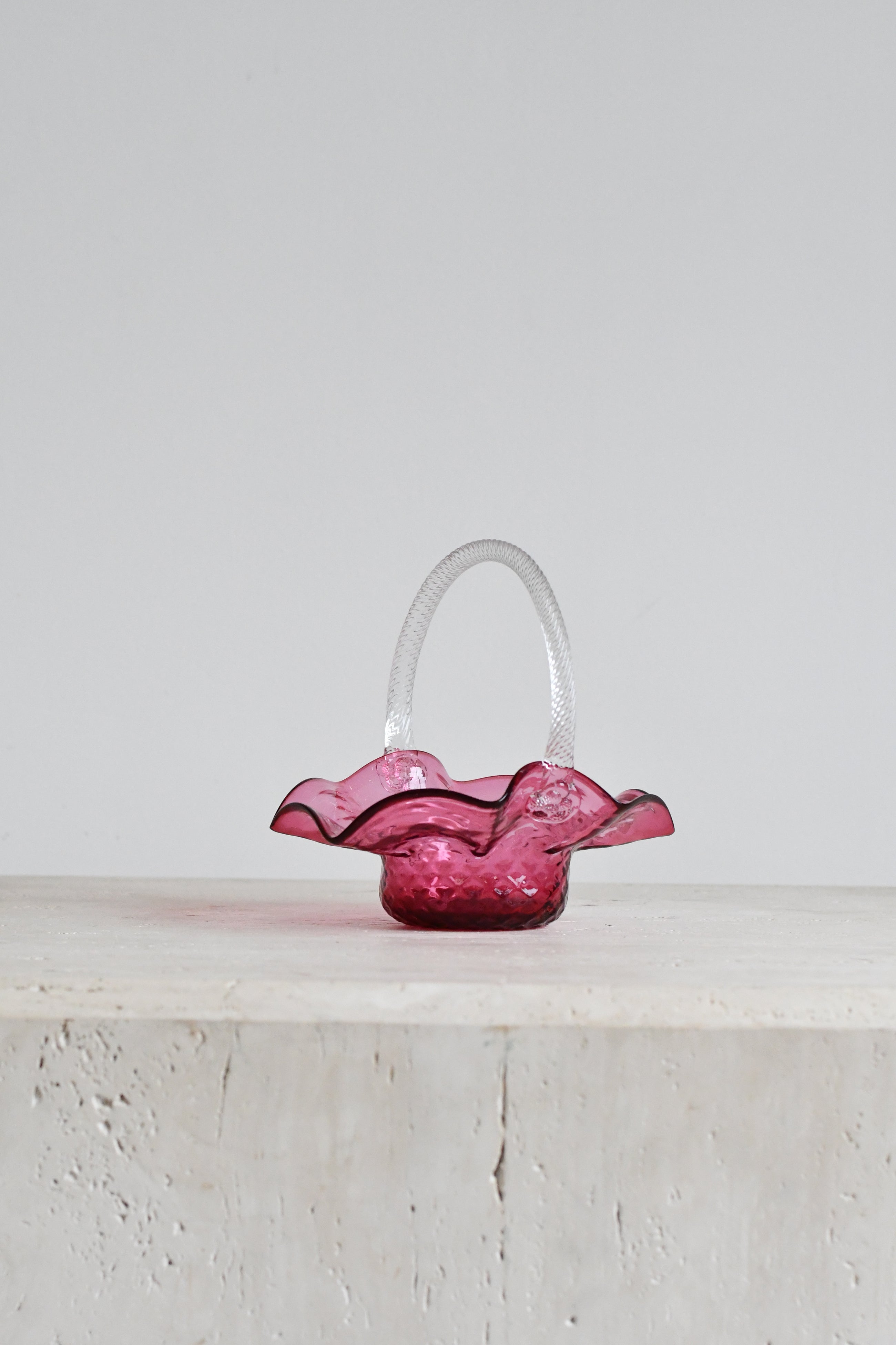 Cranberry Art Glass Basket with Twisted Handle