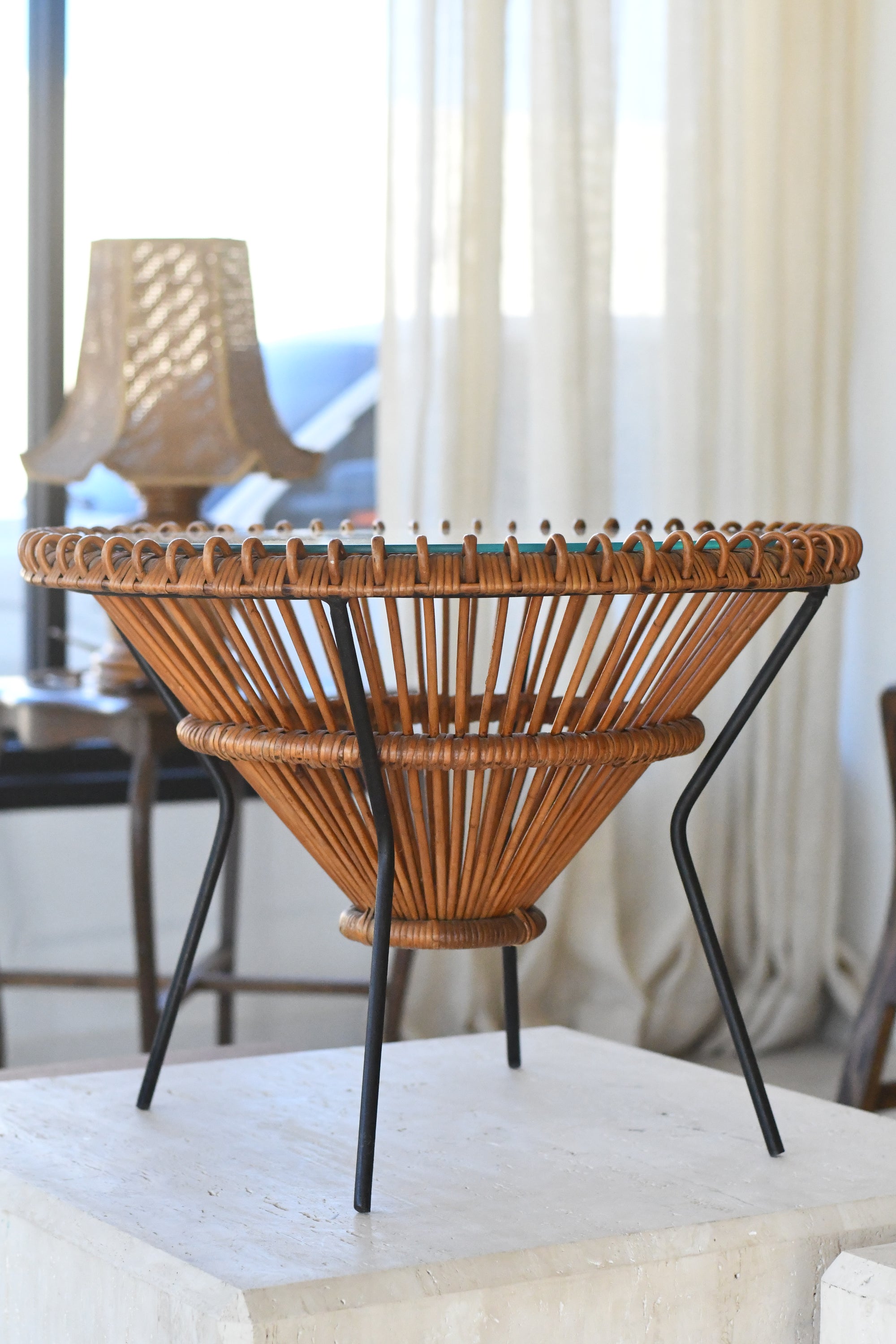 Mid-Century Rattan and Iron Side Table
