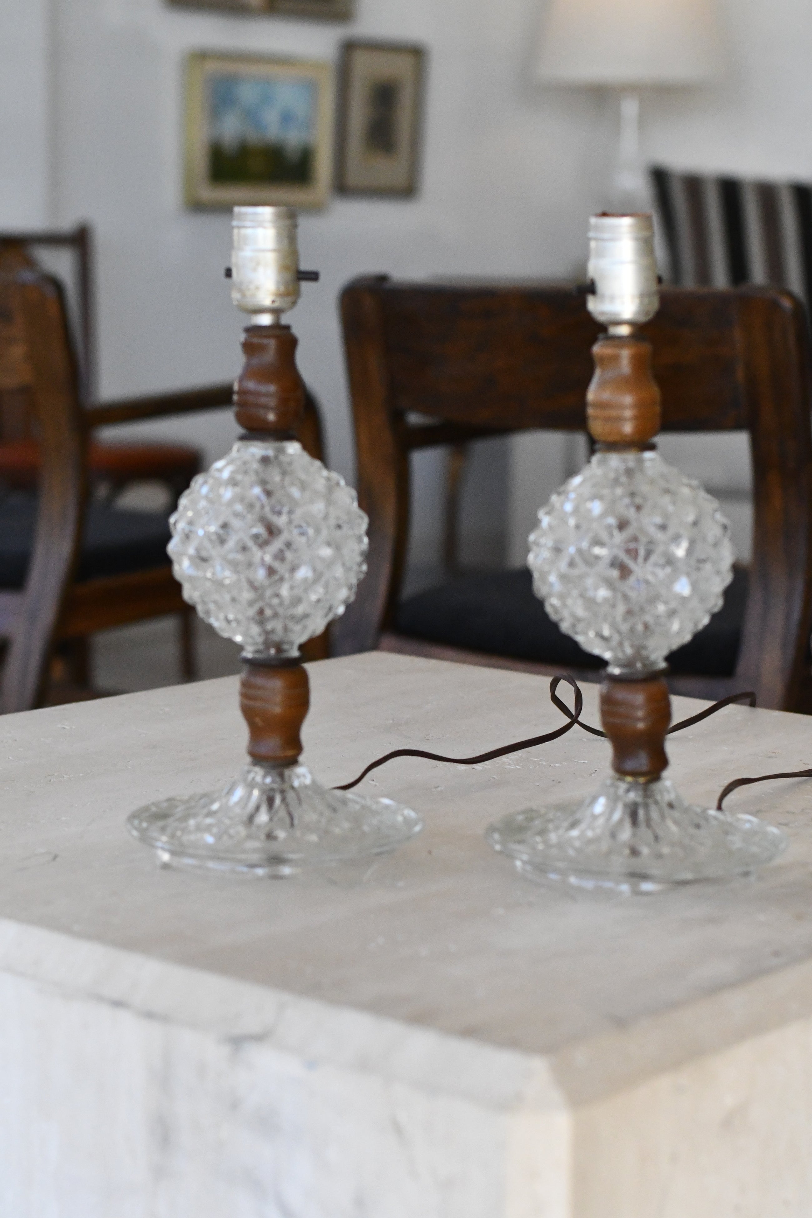 Pair of Cut Glass and Wood Table Lamps