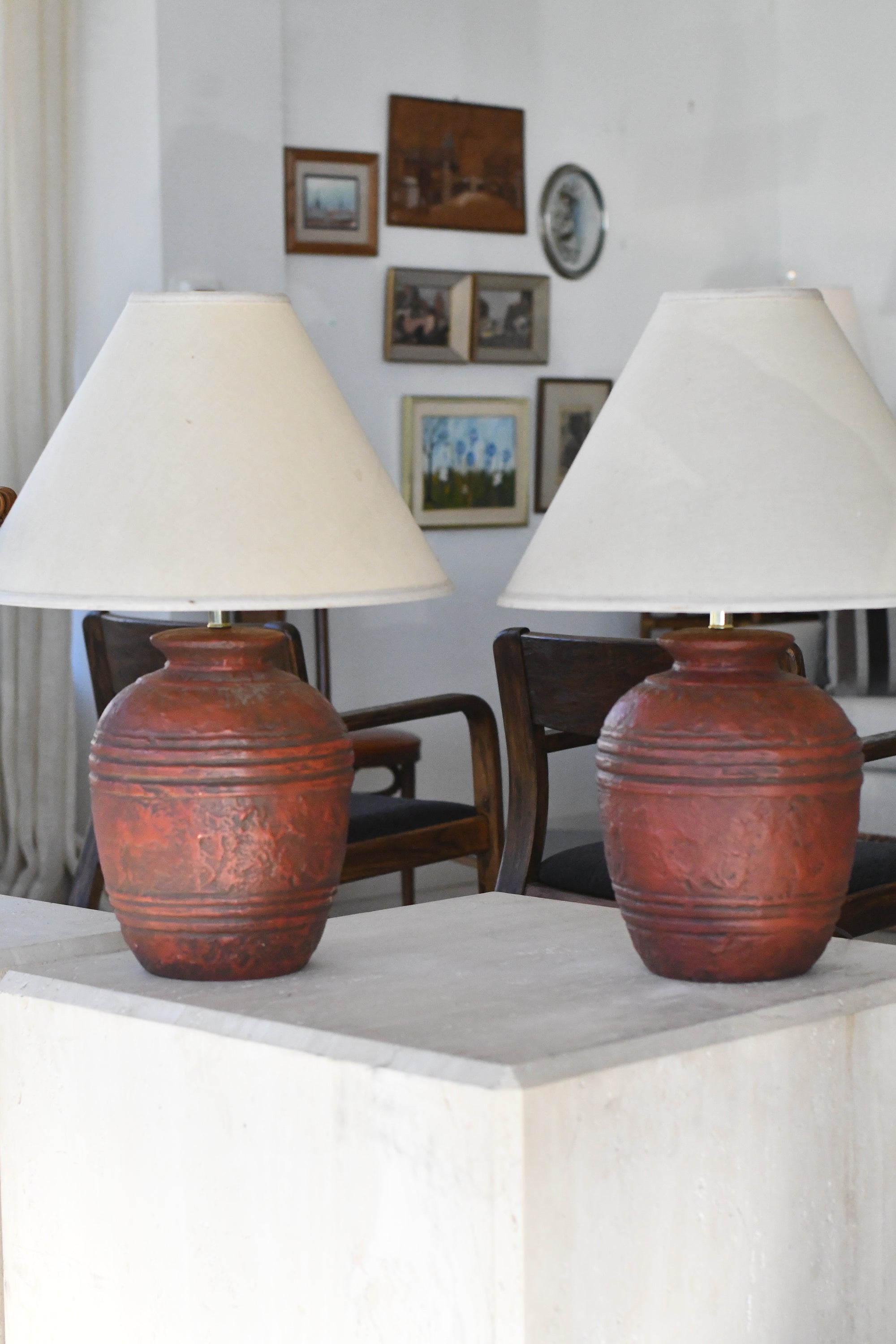 Pair of Terracotta Table Lamps with Cream Shades