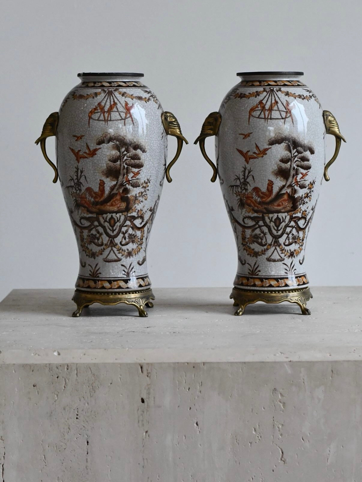 Pair of Chinoiserie Vases with Brass Elephant Handles
