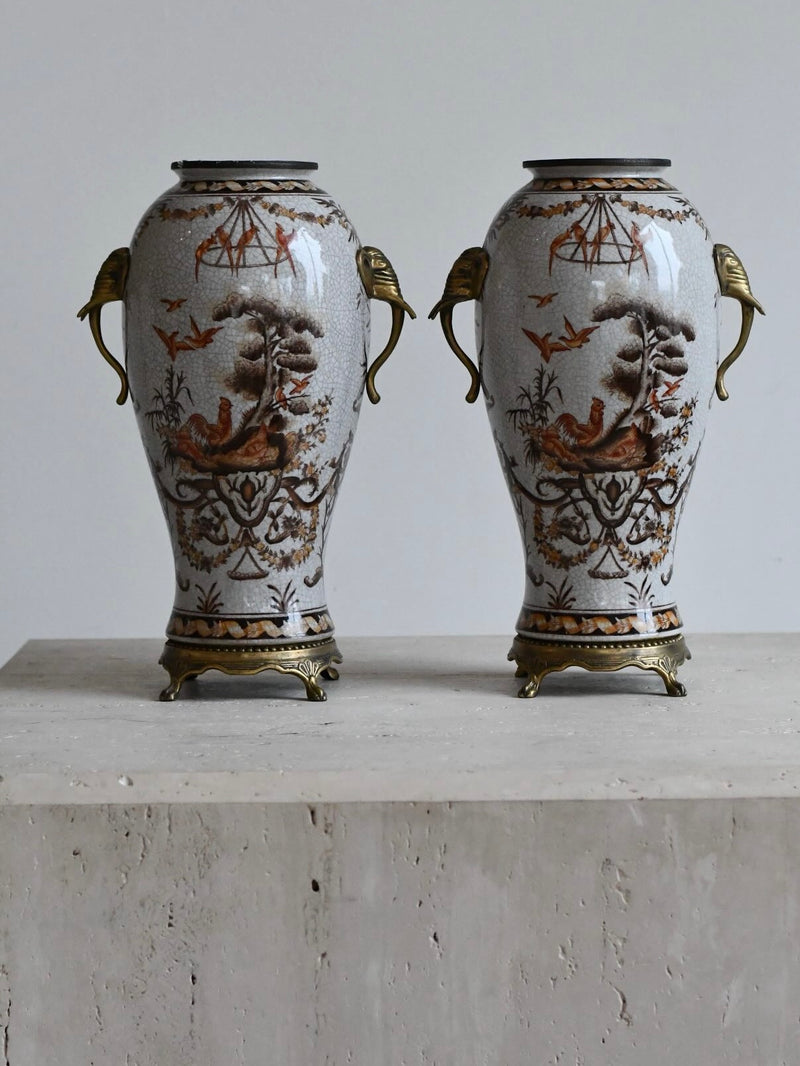 Pair of Chinoiserie Vases with Brass Elephant Handles