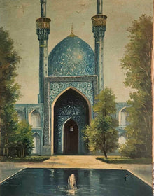 Vintage Persian Architectural Oil Painting — Blue Dome & Minarets (Mid-20th Century)