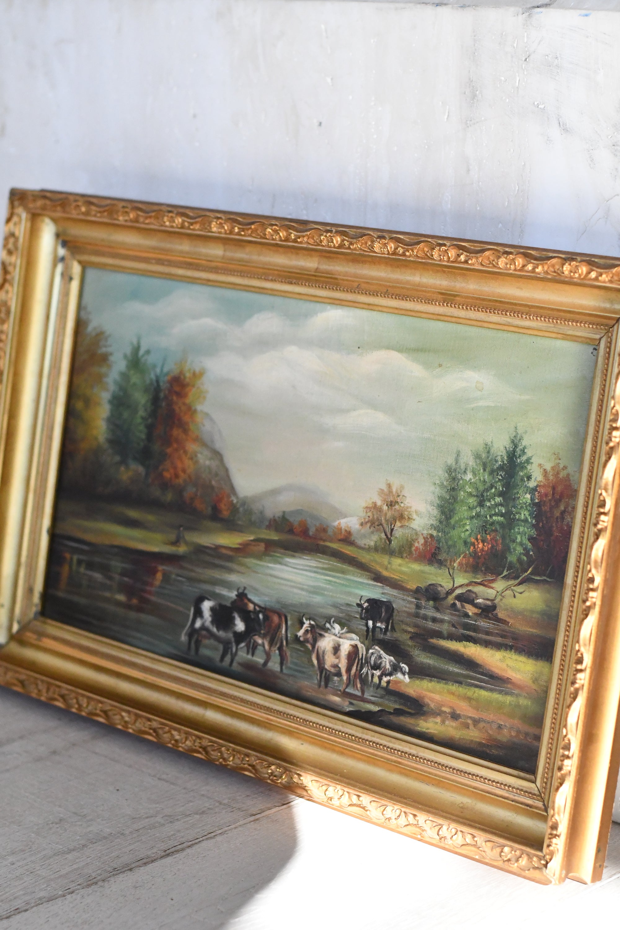 Framed Landscape Painting with Cows