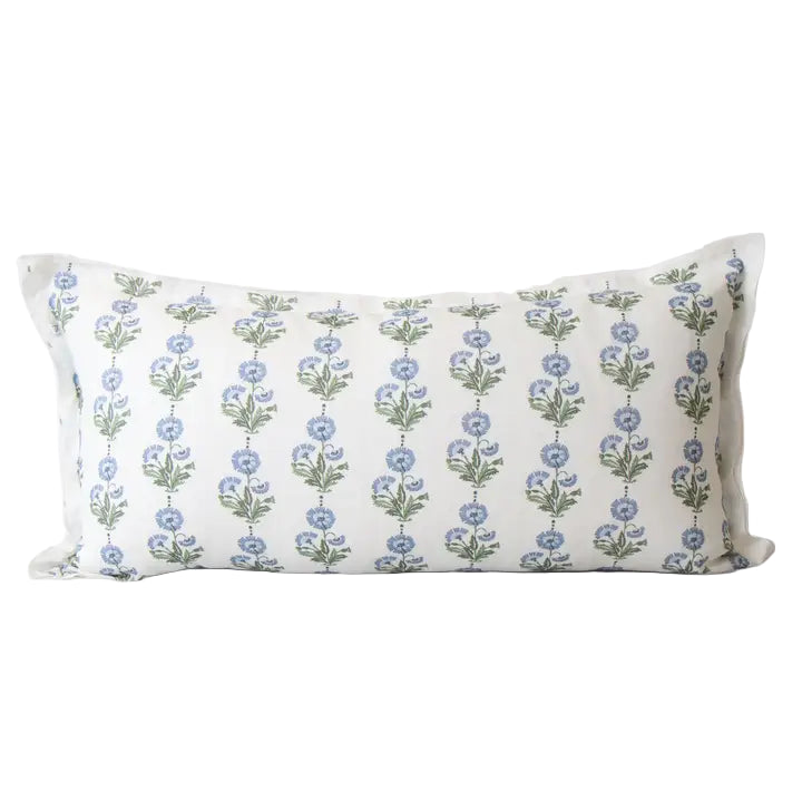 Blue Linen Block Print Lumbar Pillow