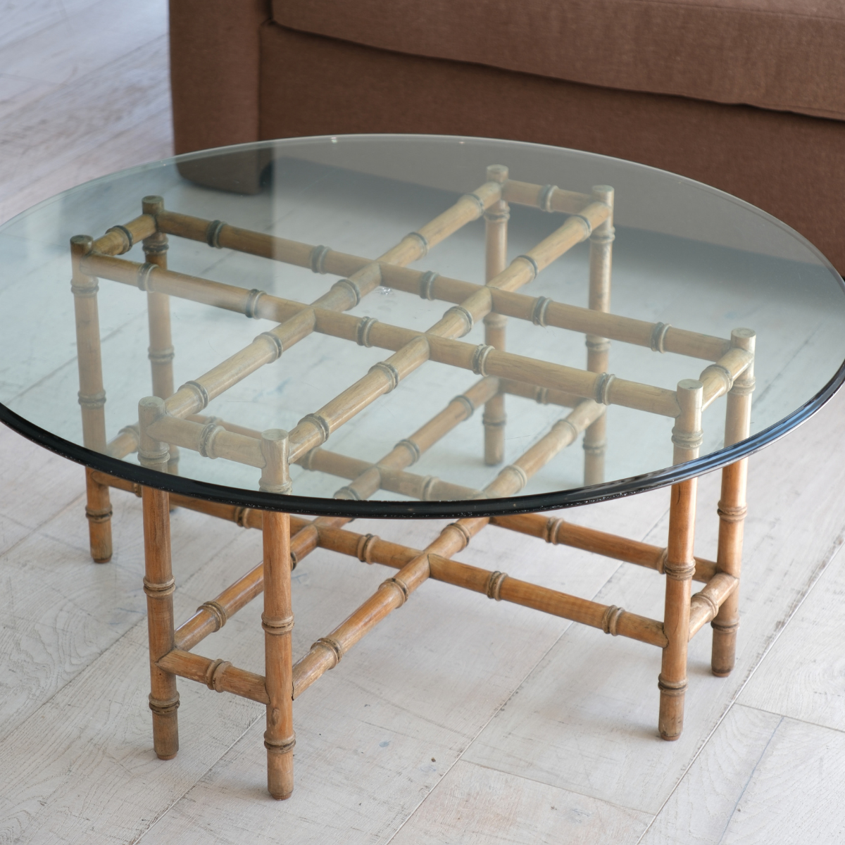 Round glass top bamboo base table coffee table