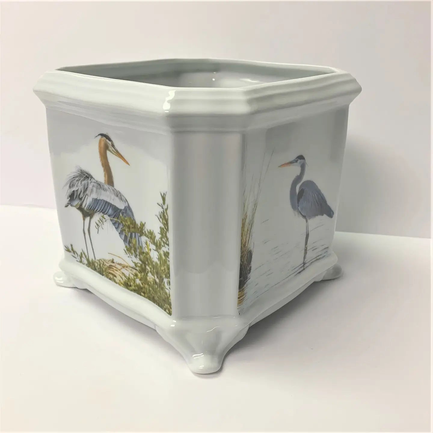 Blue Heron Cache Pot, 7" Square, Porcelain Planter