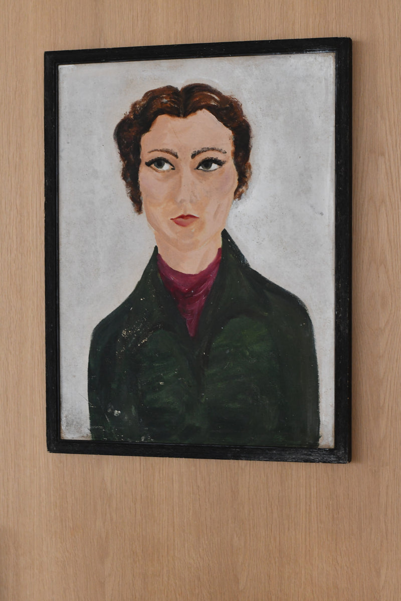 Mid-Century Naïve Portrait — Woman in Green Jacket (Original 19” × 25” Oil Painting)