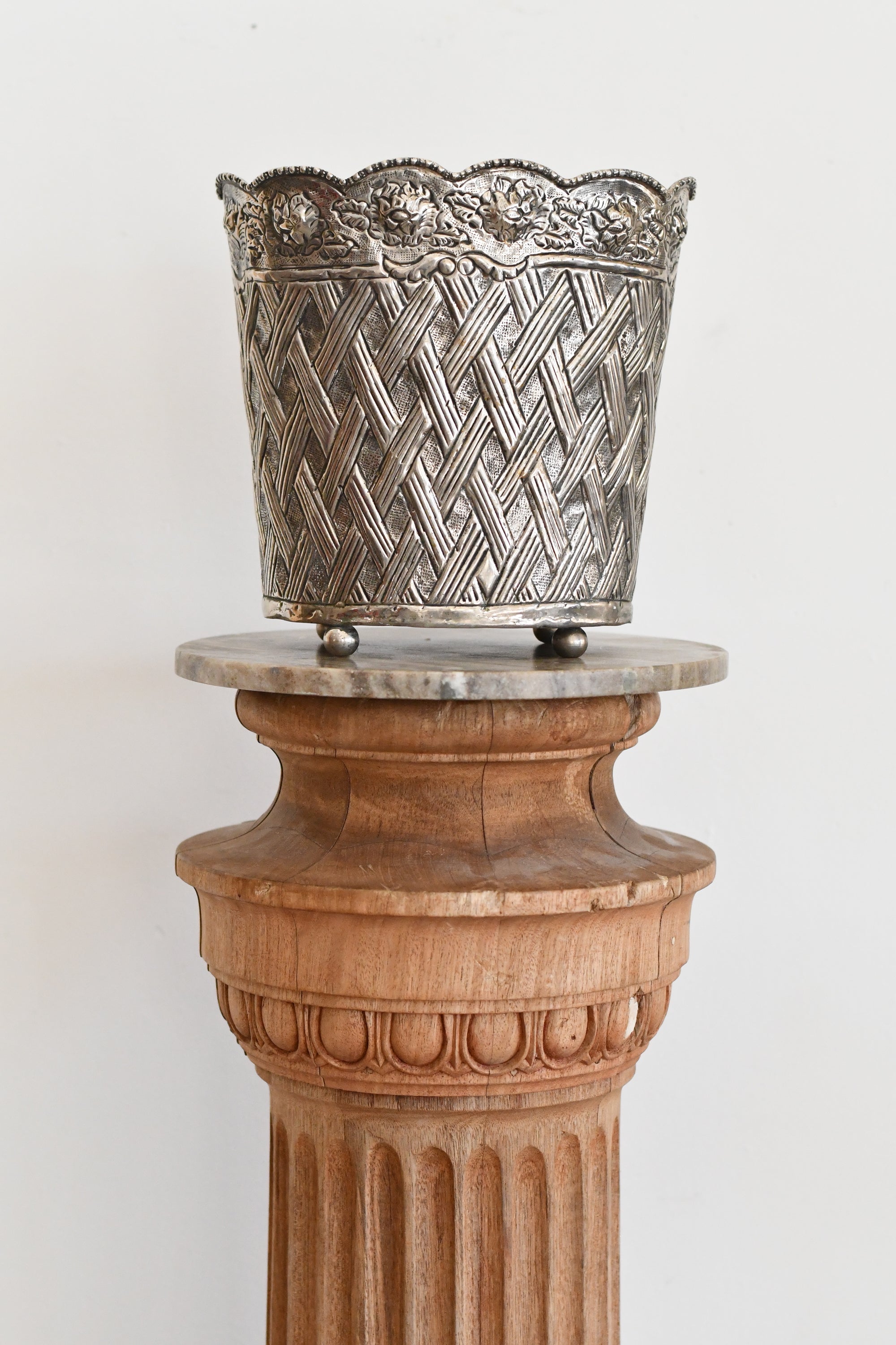 Antique Silver Woven Metal Waste Basket