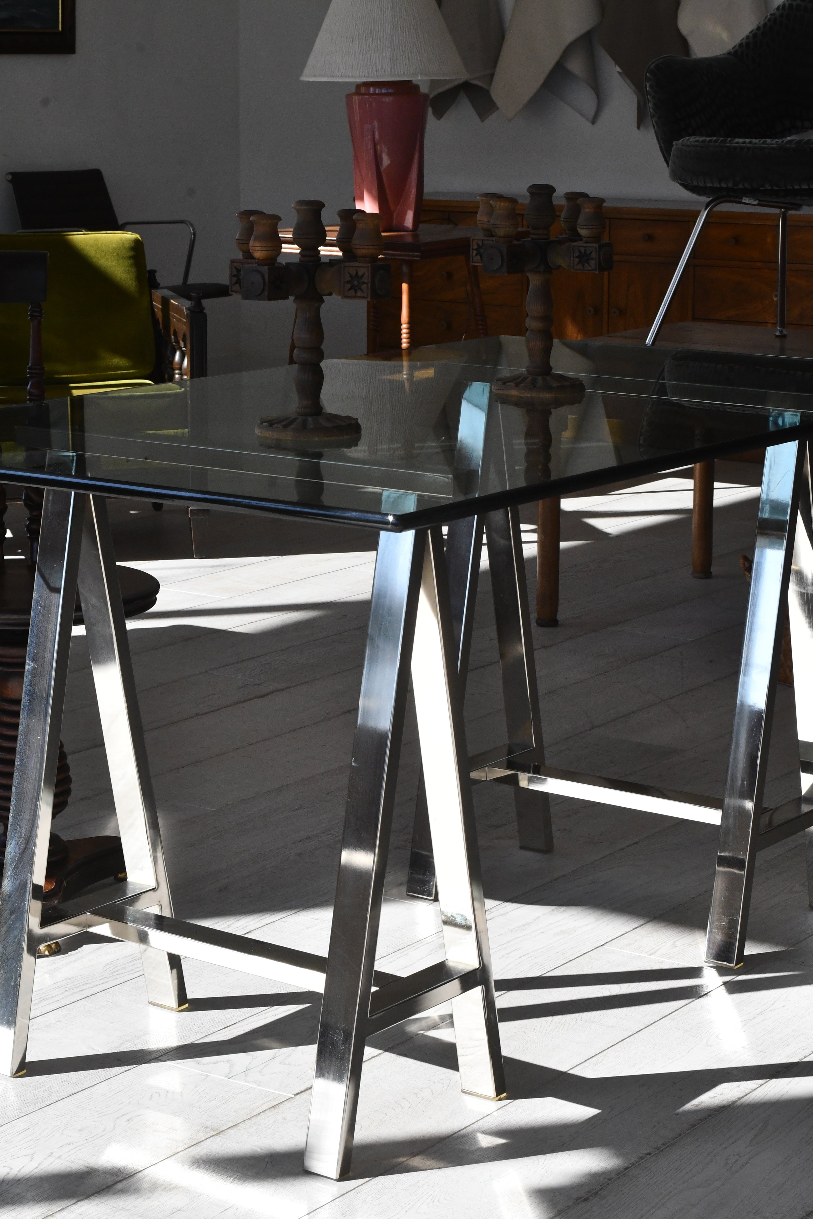 Vintage 1970s Italian Sawhorse, Italian Glass & Chrome Console