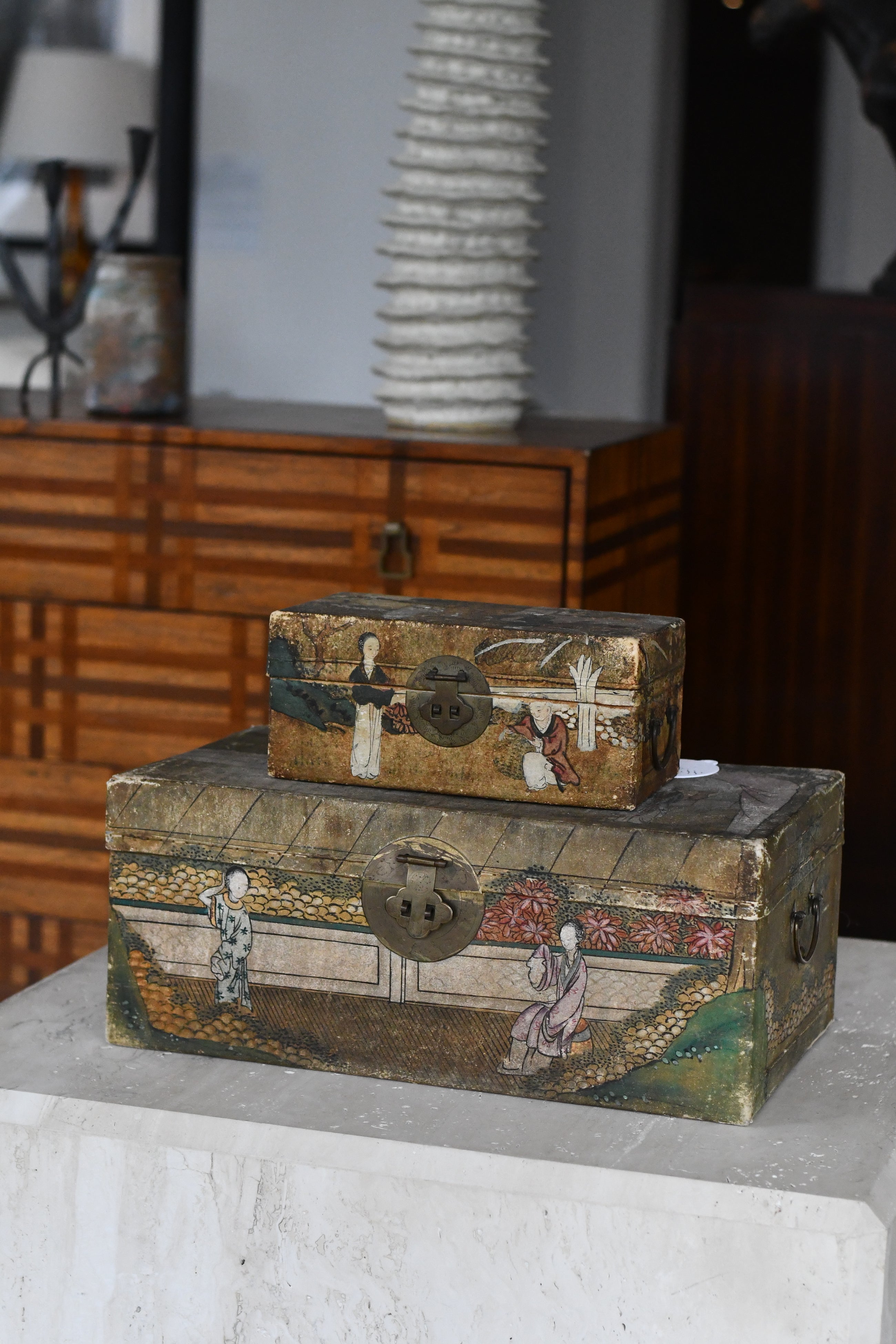 Large Chinese Export Painted Pigskin Trunk