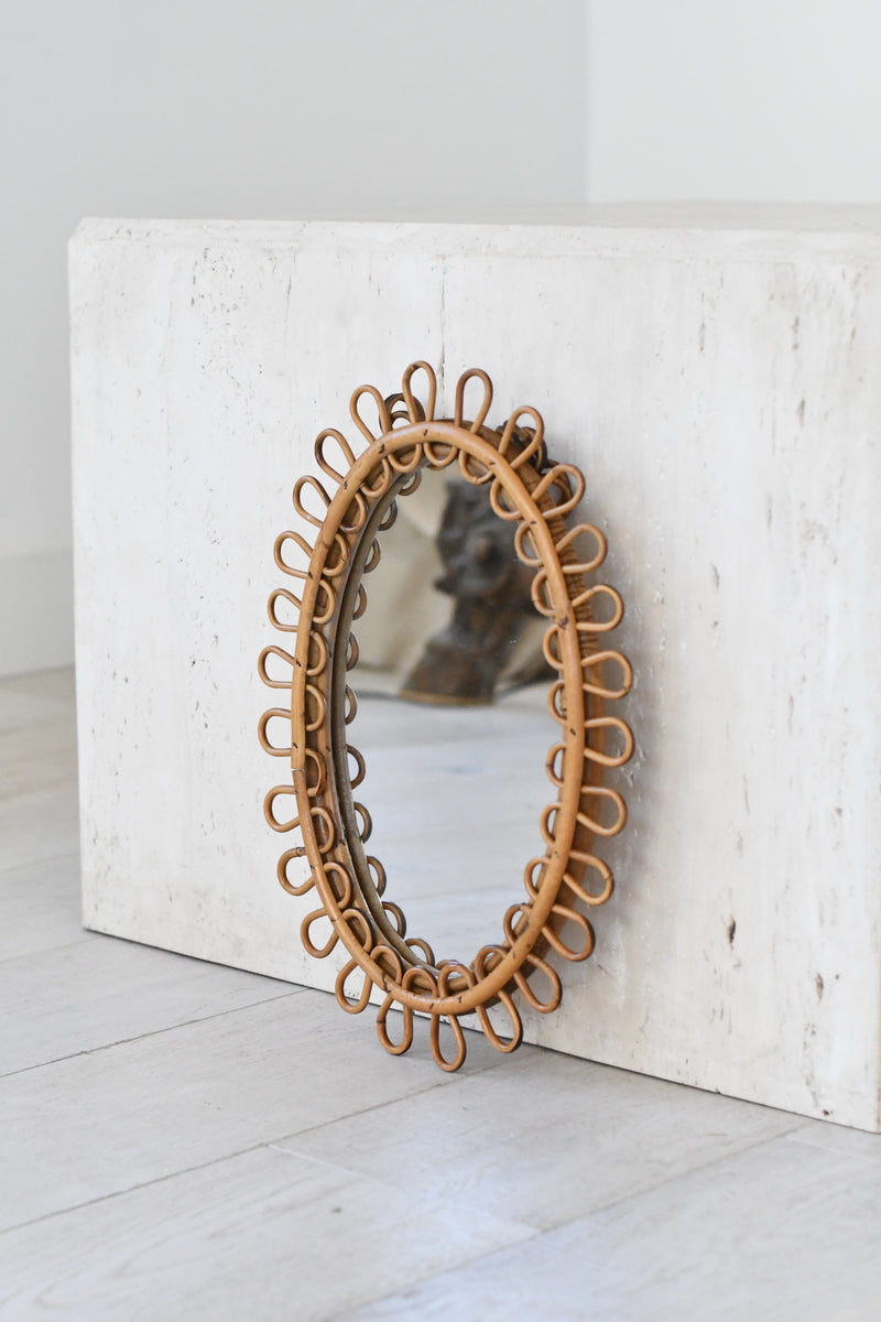 French Riviera Oval Curved Rattan Mirror with Chain, Italy 1960s