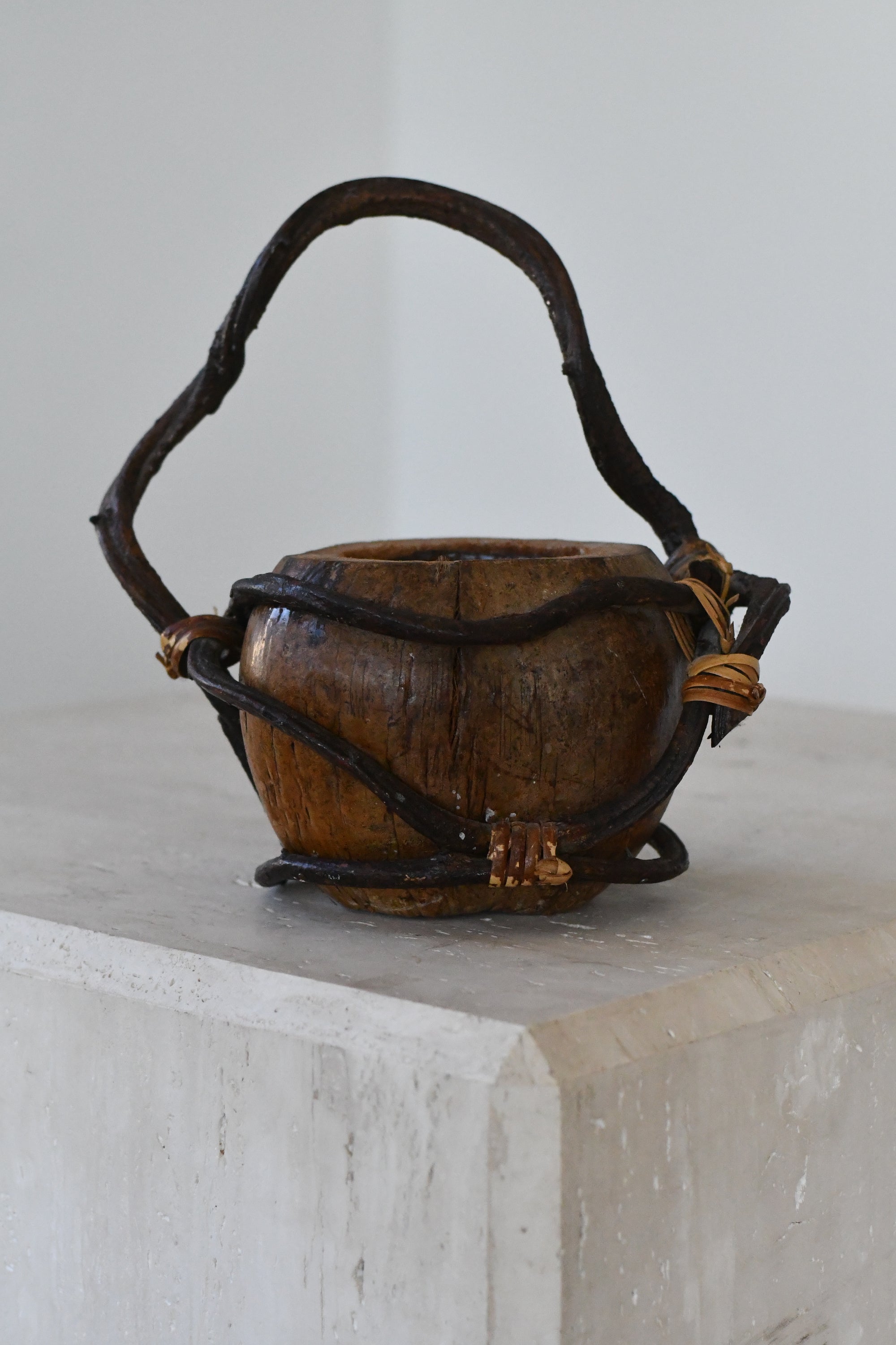 Primitive Wood Vessel with Vine Handle