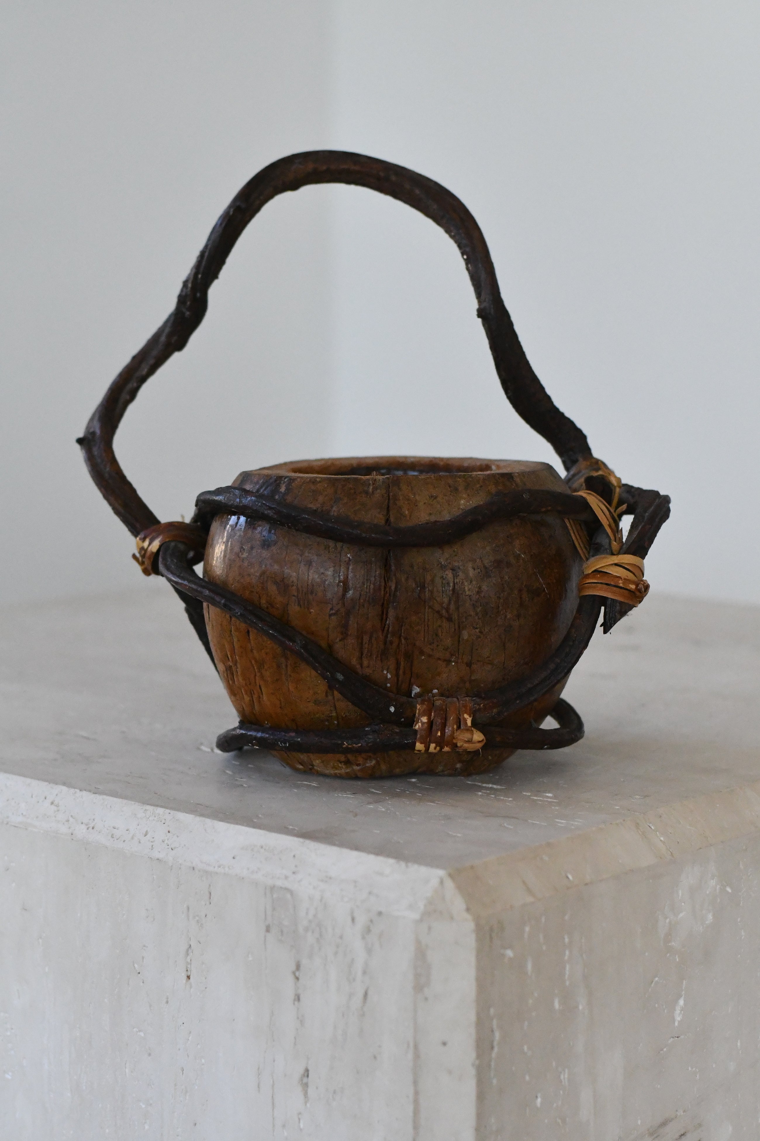 Primitive Wood Vessel with Vine Handle