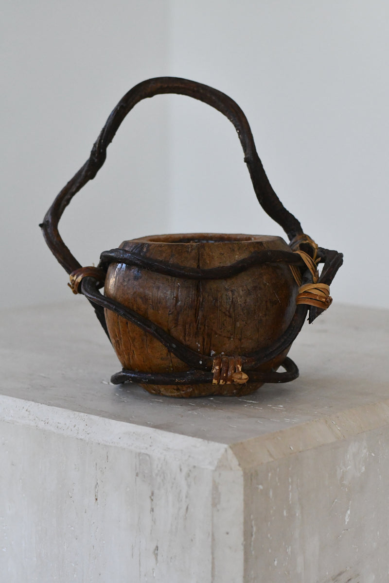 Primitive Wood Vessel with Vine Handle