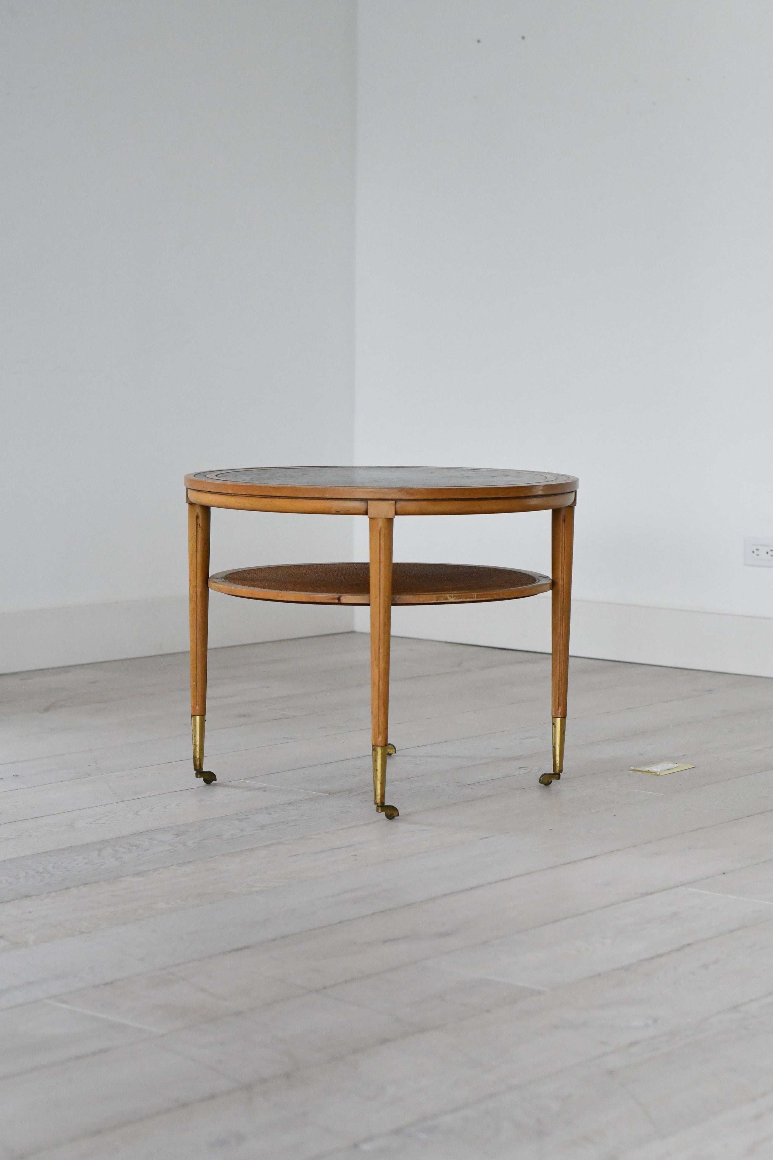 Mid-Century Round Side Table with Cane Shelf on Casters
