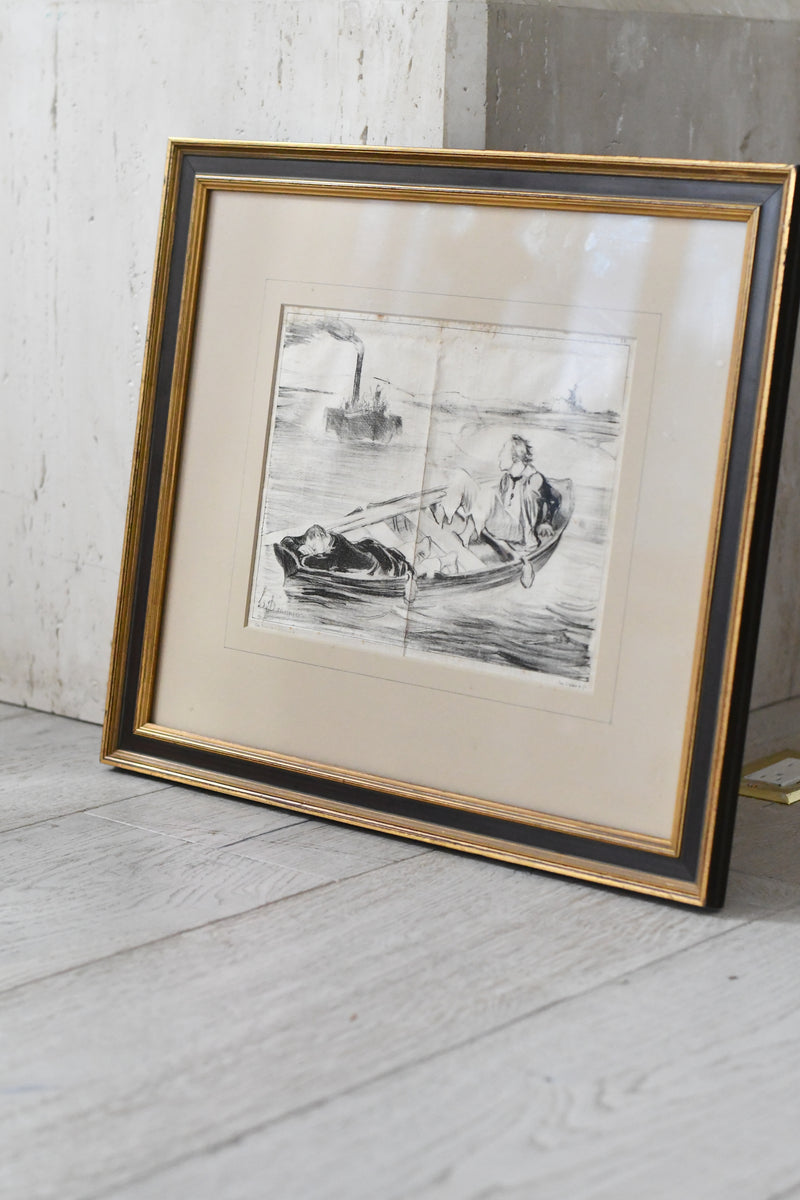 Framed French River Scene Etching