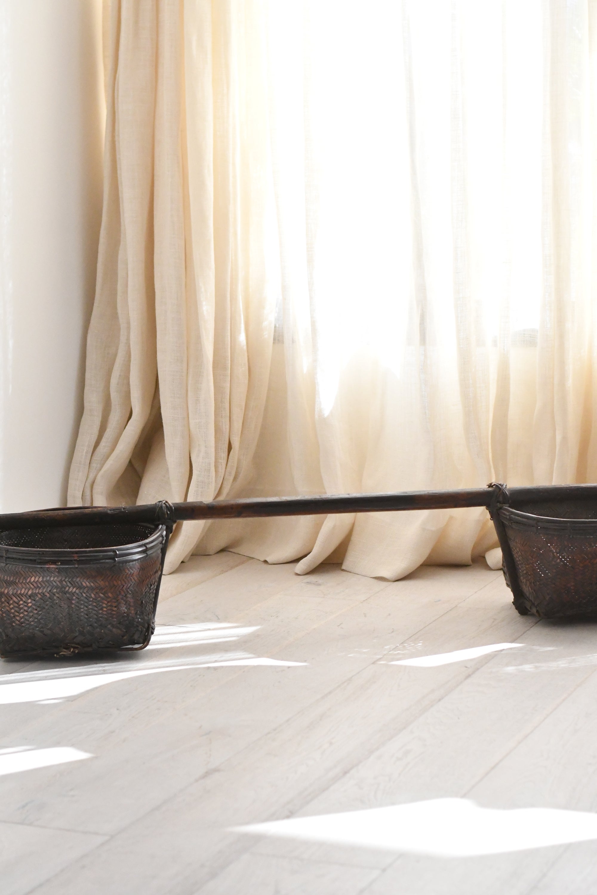 Antique Asian Double Carry Basket – Handwoven & Wooden Yoke