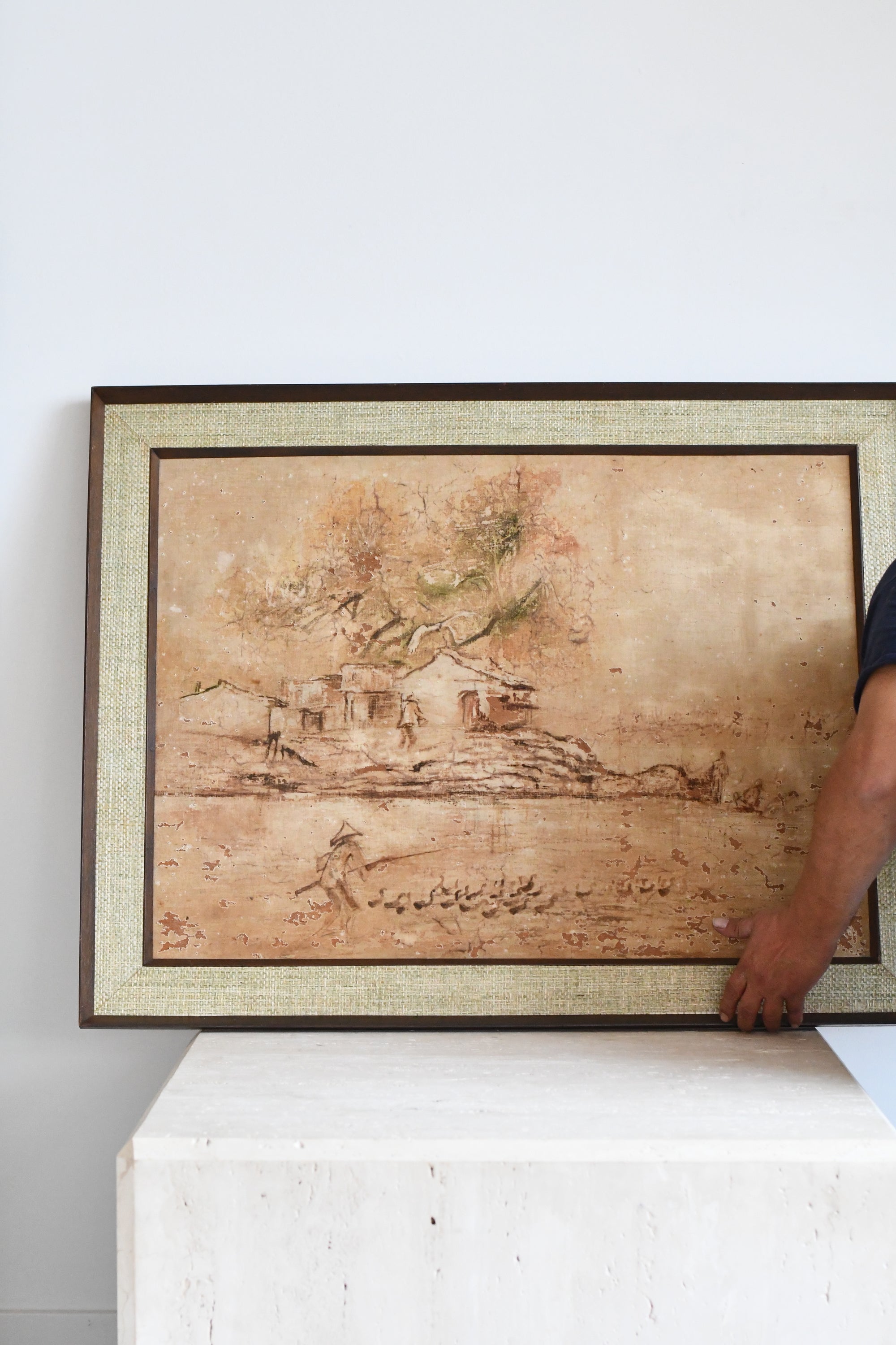 Vintage Sepia Landscape Print in Linen-Wrapped Frame