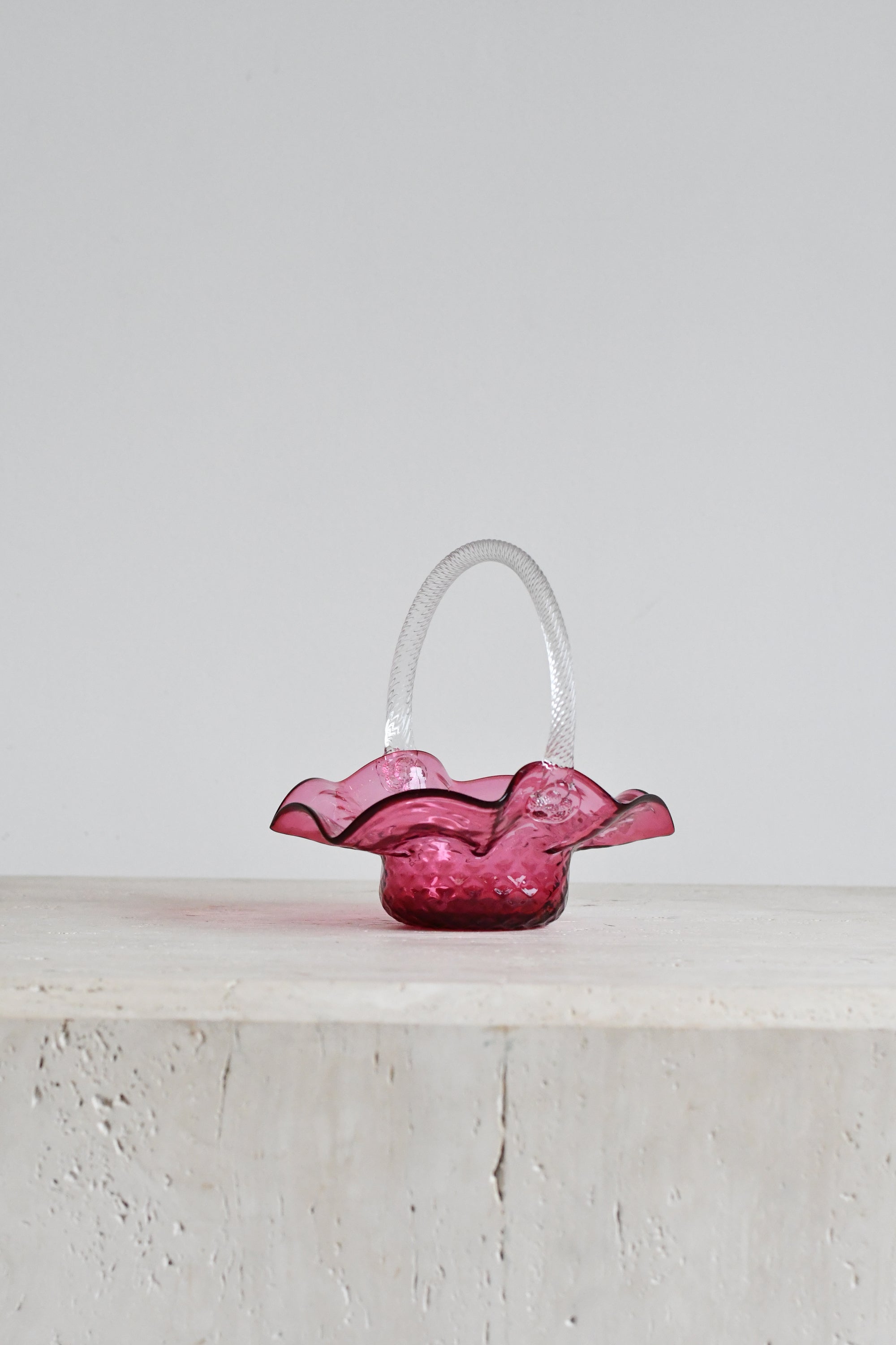 Cranberry Art Glass Basket with Twisted Handle
