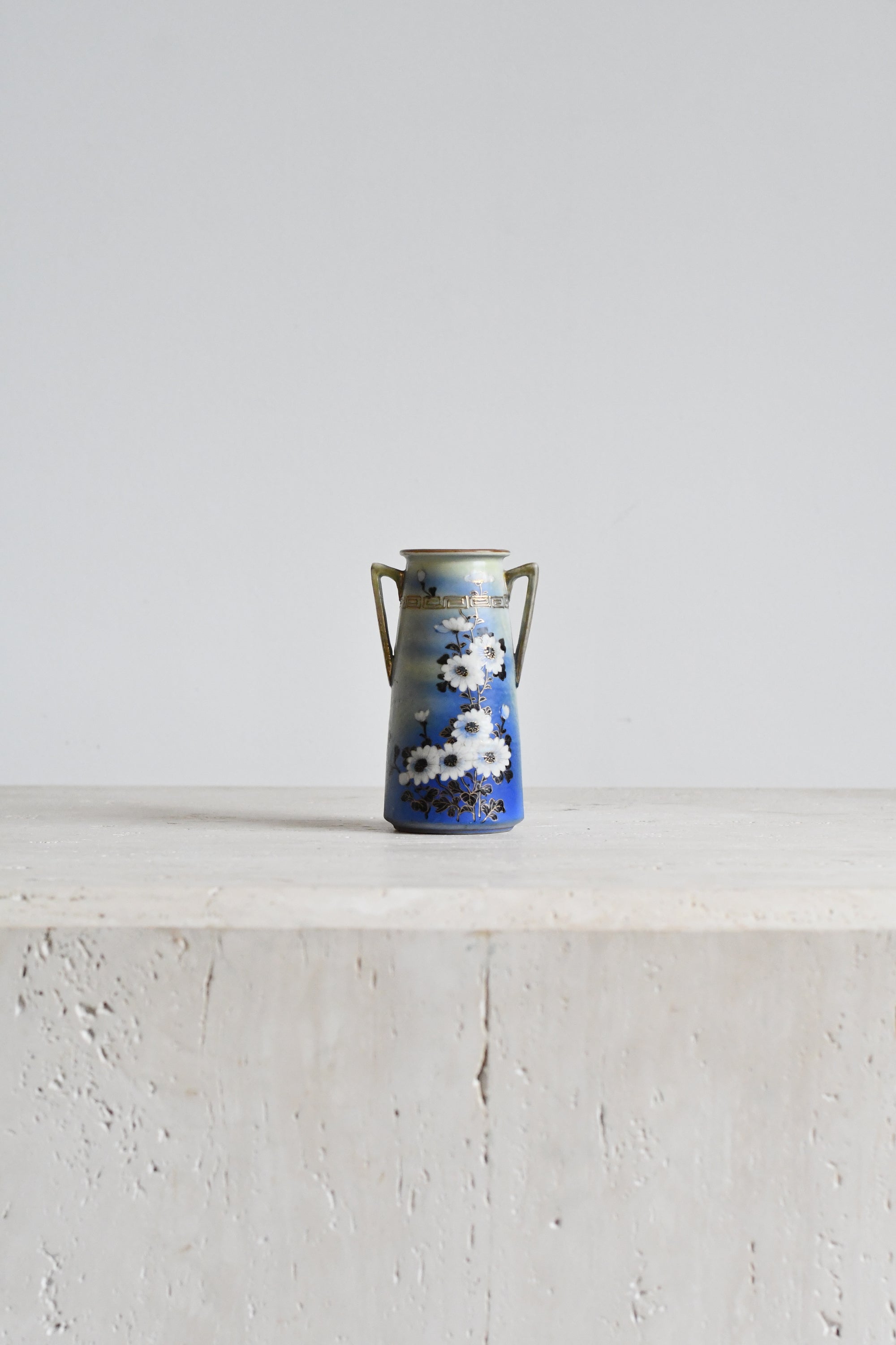 Blue & White Hand-Painted Floral Vase (Double Handle)