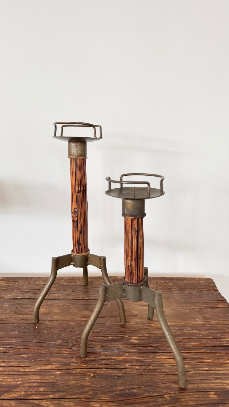 Vintage Wood & Metal Candleholders- Set of 2