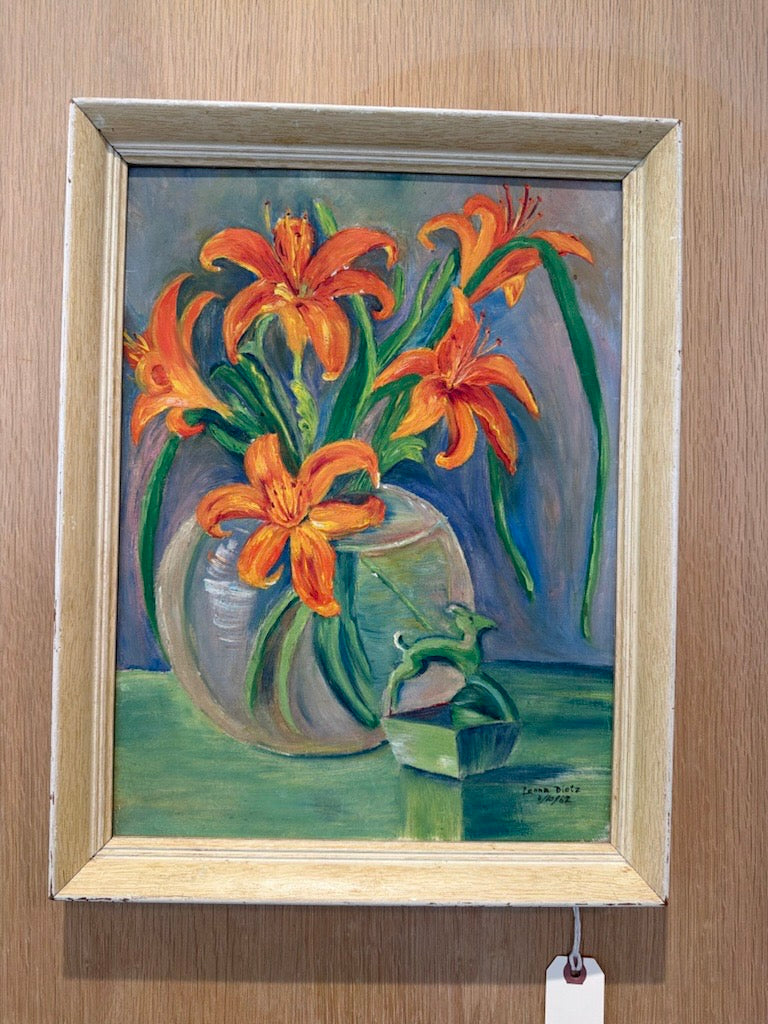 Original MCM painting of "Lilies" signed by Leona Dietz