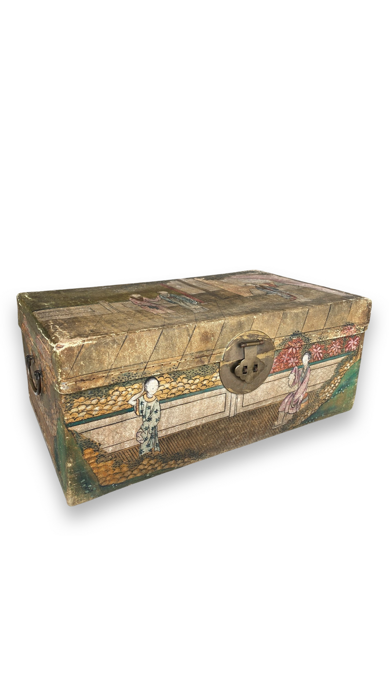 Large Chinese Export Painted Pigskin Trunk