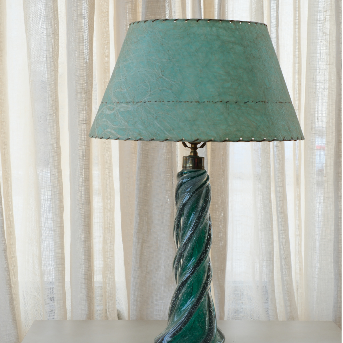 Vintage Emerald/Green Murano Lamp w/ Original translucent green spun-fiberglass shade