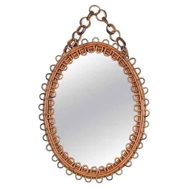 French Riviera Oval Curved Rattan Mirror with Chain, Italy 1960s