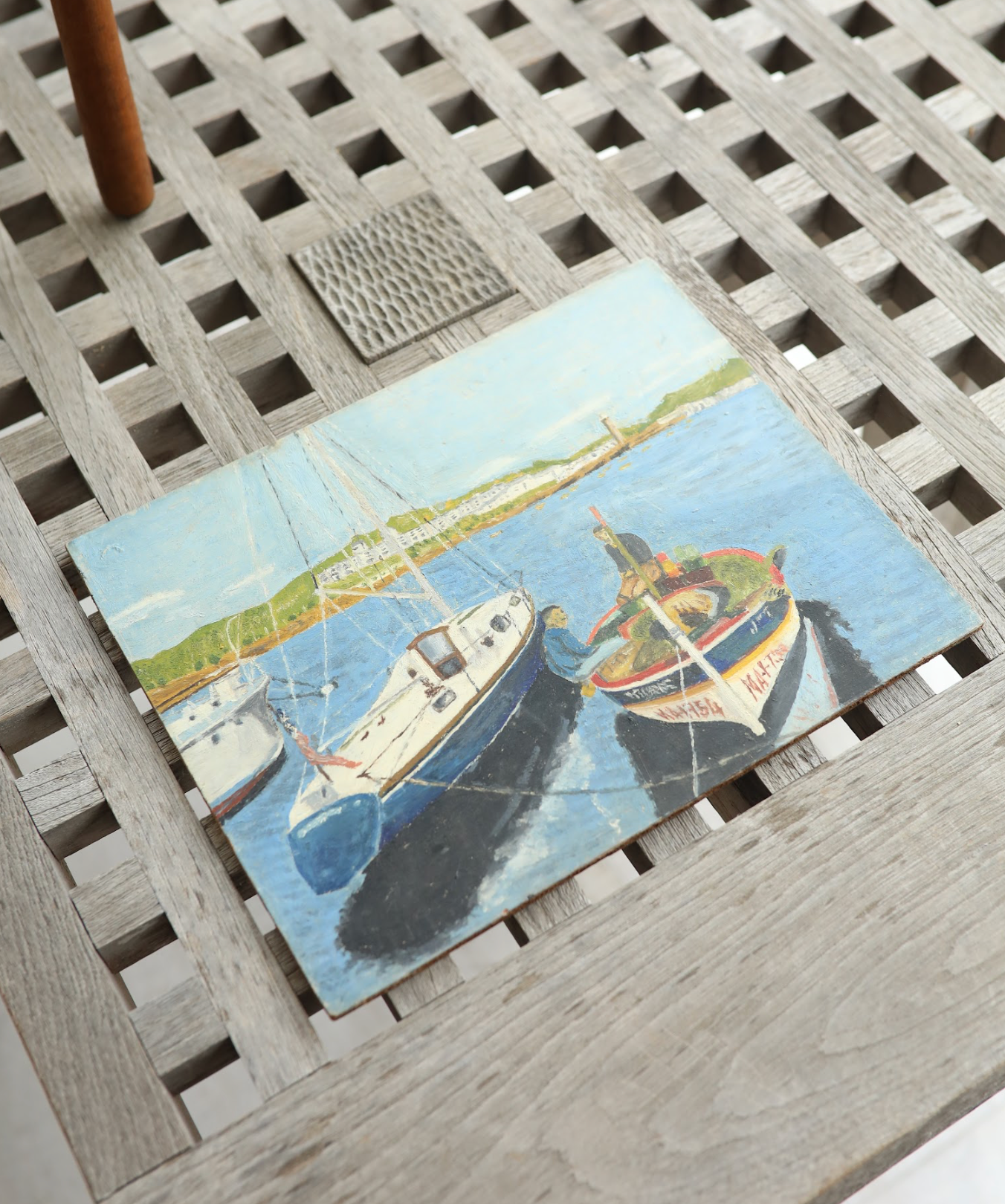 Vintage Harbor Scene Painting