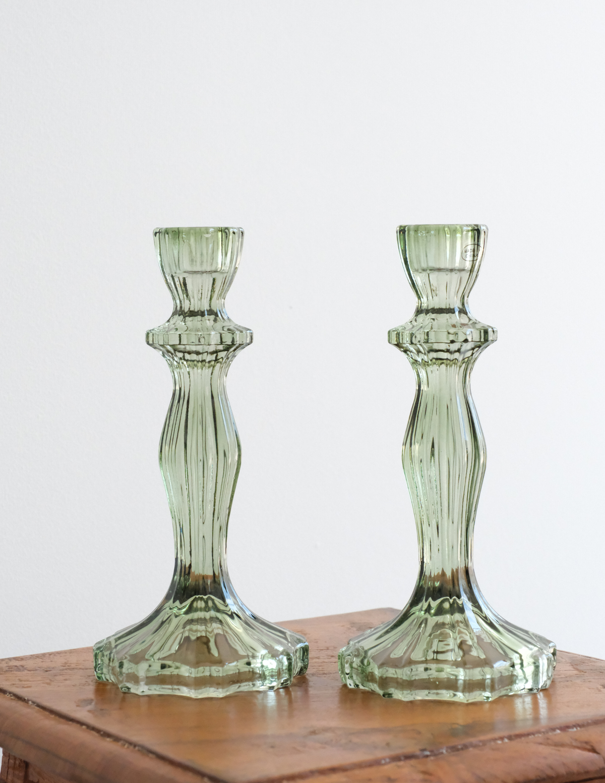 Green Glass candlesticks - set of 2