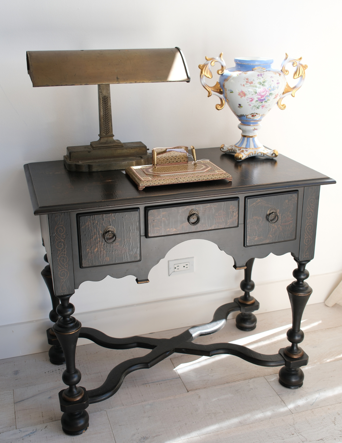 Chinoiserie Black Console Table w/ 3 drawers