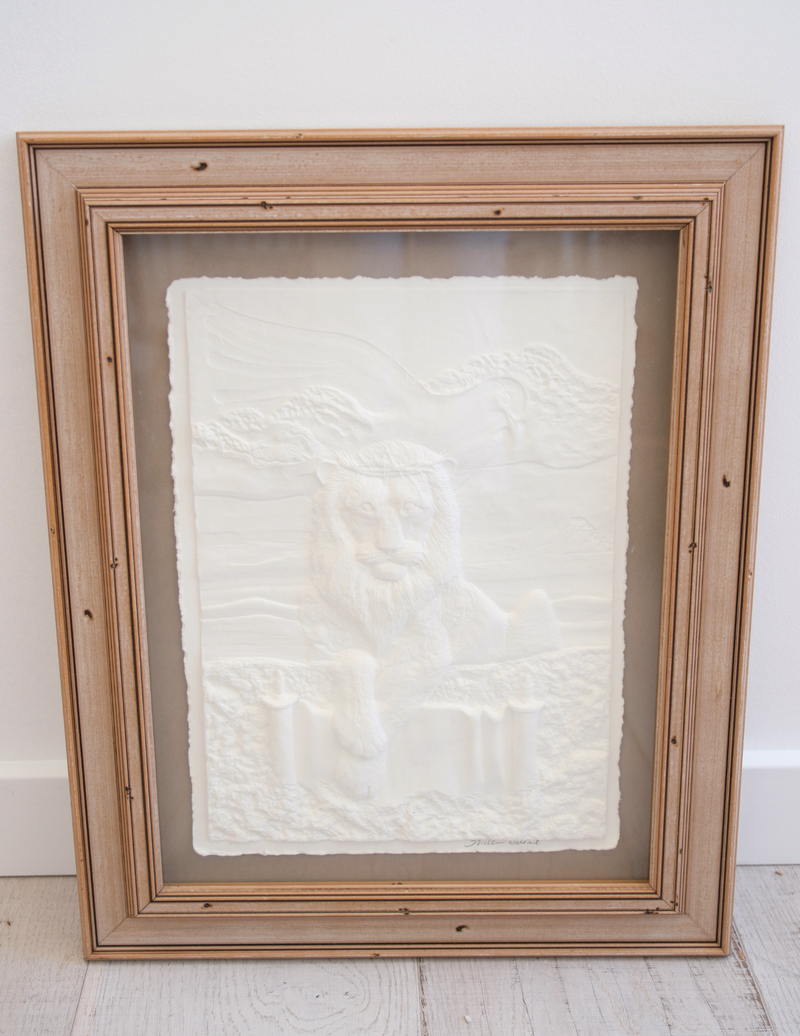Signed Cast Paper Relief Art - Lion