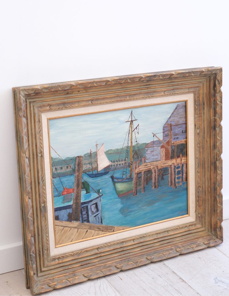 Vintage Harbor Painting Thick Carved Frame